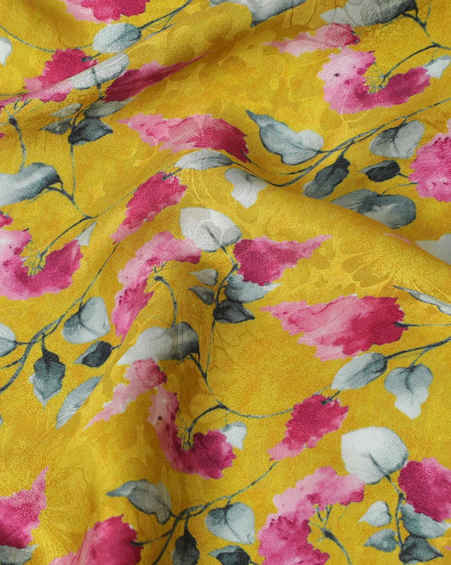 Sunny Marigold with Pink Floral Print Crepe Silk Fabric, 110cm Width - Vibrant and Versatile for All Designs-D18911