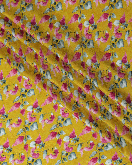 Sunny Marigold with Pink Floral Print Crepe Silk Fabric, 110cm Width - Vibrant and Versatile for All Designs-D18911