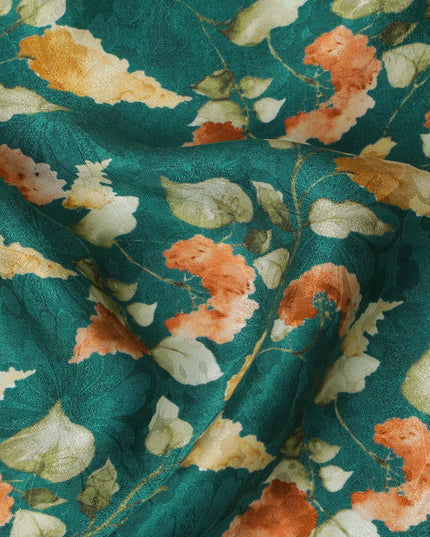 Emerald Forest Floral Print Crepe Silk Fabric, 110cm Width - A Tapestry of Rustic Elegance-D18912