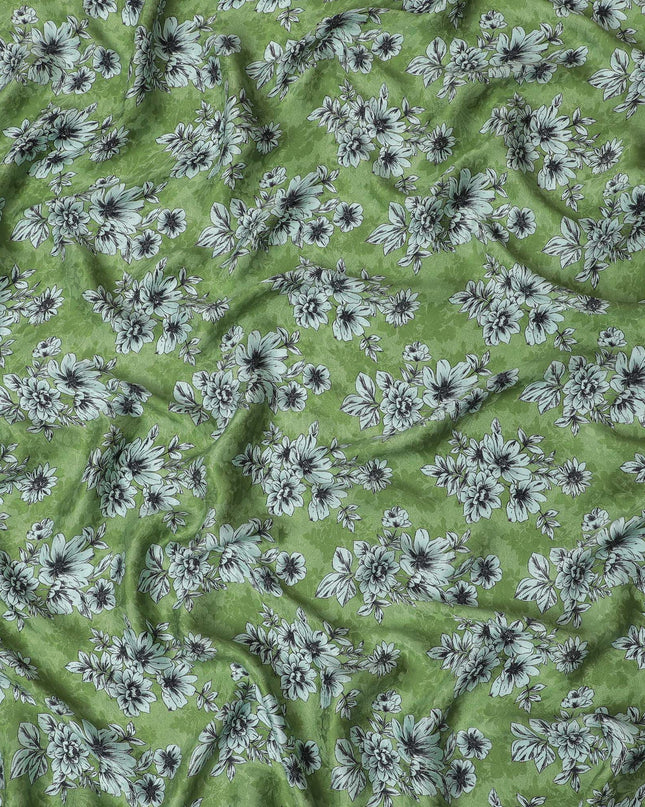 Moss Green with Monochrome Floral Print Crepe Silk Fabric, 110cm Width - Naturally Inspired for Elegant Ensembles-D18913