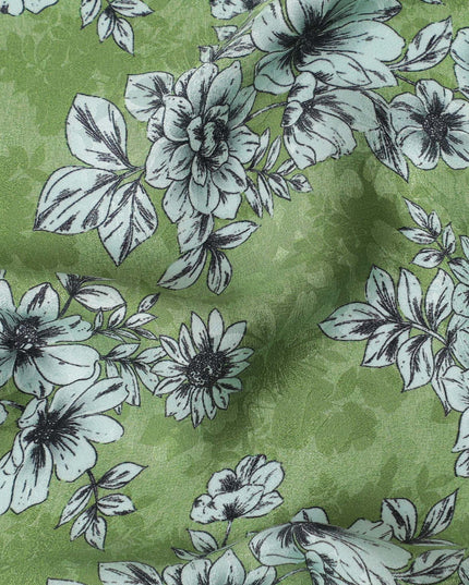 Moss Green with Monochrome Floral Print Crepe Silk Fabric, 110cm Width - Naturally Inspired for Elegant Ensembles-D18913