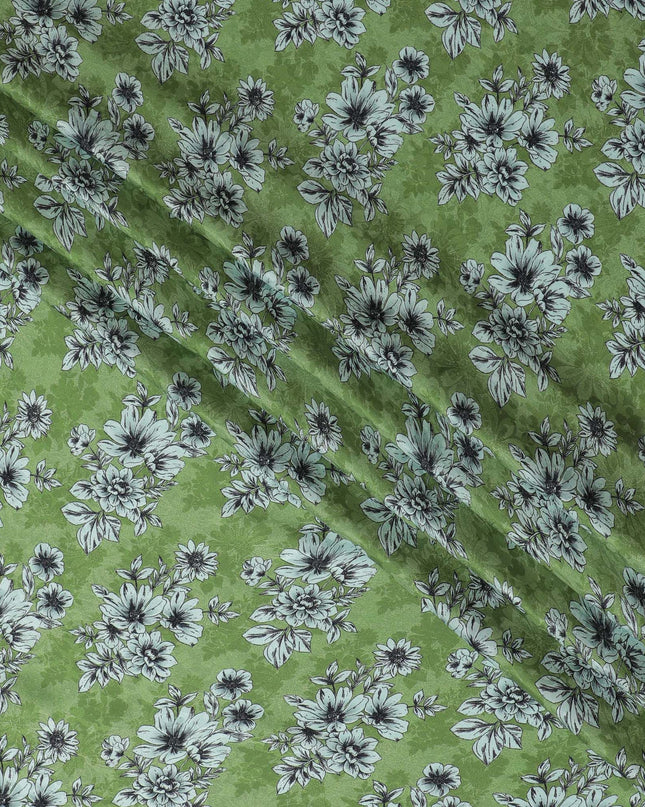 Moss Green with Monochrome Floral Print Crepe Silk Fabric, 110cm Width - Naturally Inspired for Elegant Ensembles-D18913