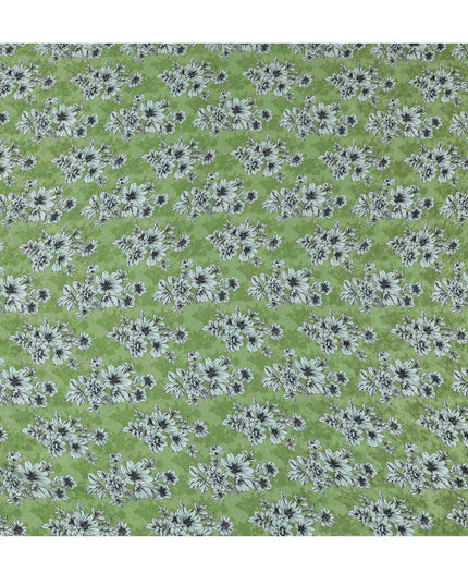 Moss Green with Monochrome Floral Print Crepe Silk Fabric, 110cm Width - Naturally Inspired for Elegant Ensembles-D18913