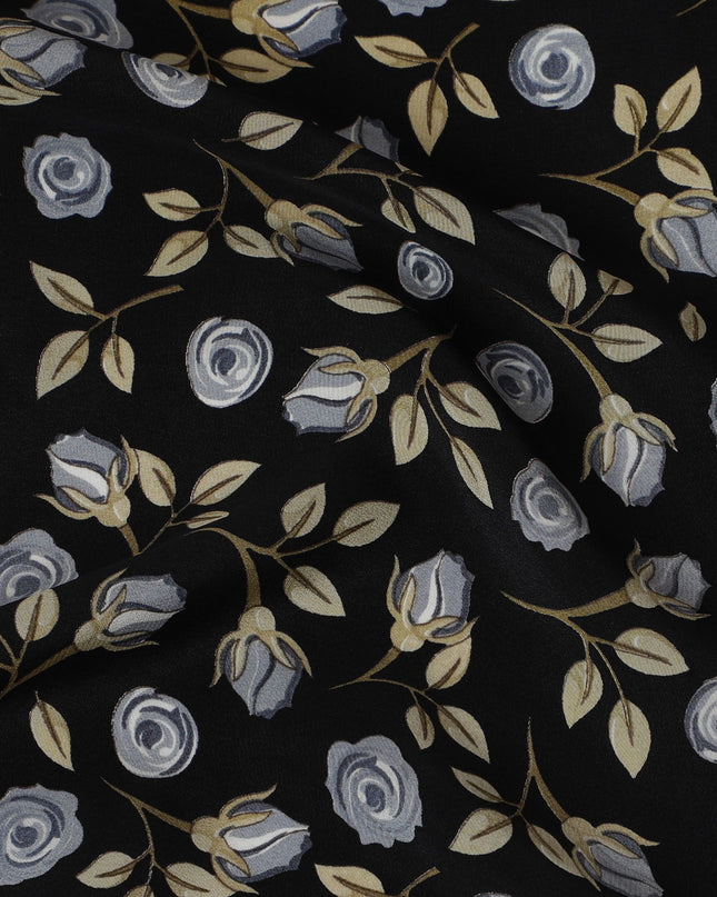Nocturnal Elegance Rose Print Crepe Silk Fabric, 110cm Width - Chic Versatility for Fashion & Décor-D18914