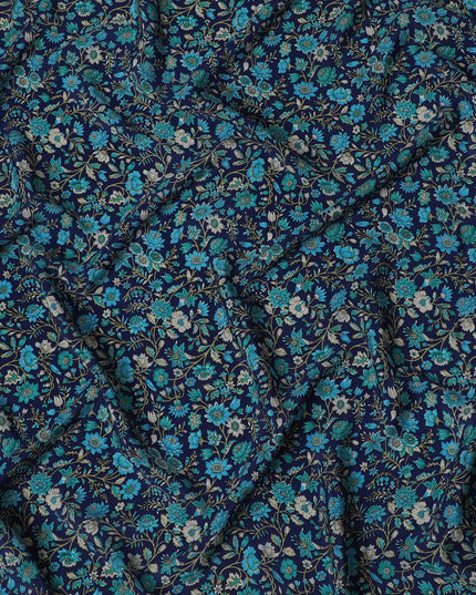 Midnight Blue Botanical Bliss Crepe Silk Fabric, 110cm Width - Lush Aesthetic for Couture and Drapes-D18915