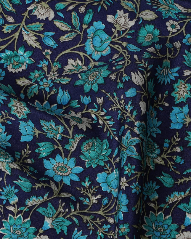 Midnight Blue Botanical Bliss Crepe Silk Fabric, 110cm Width - Lush Aesthetic for Couture and Drapes-D18915