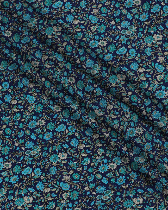 Midnight Blue Botanical Bliss Crepe Silk Fabric, 110cm Width - Lush Aesthetic for Couture and Drapes-D18915