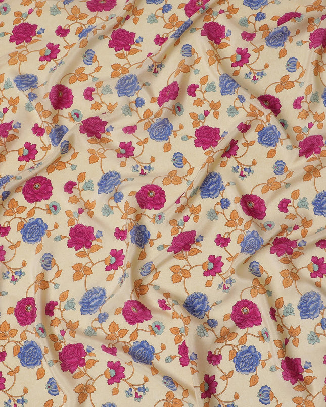 Creamy Vanilla Blossom Crepe Silk Fabric, Vivid Floral Print, 110cm Width - Perfect for Daywear & Décor-D18916