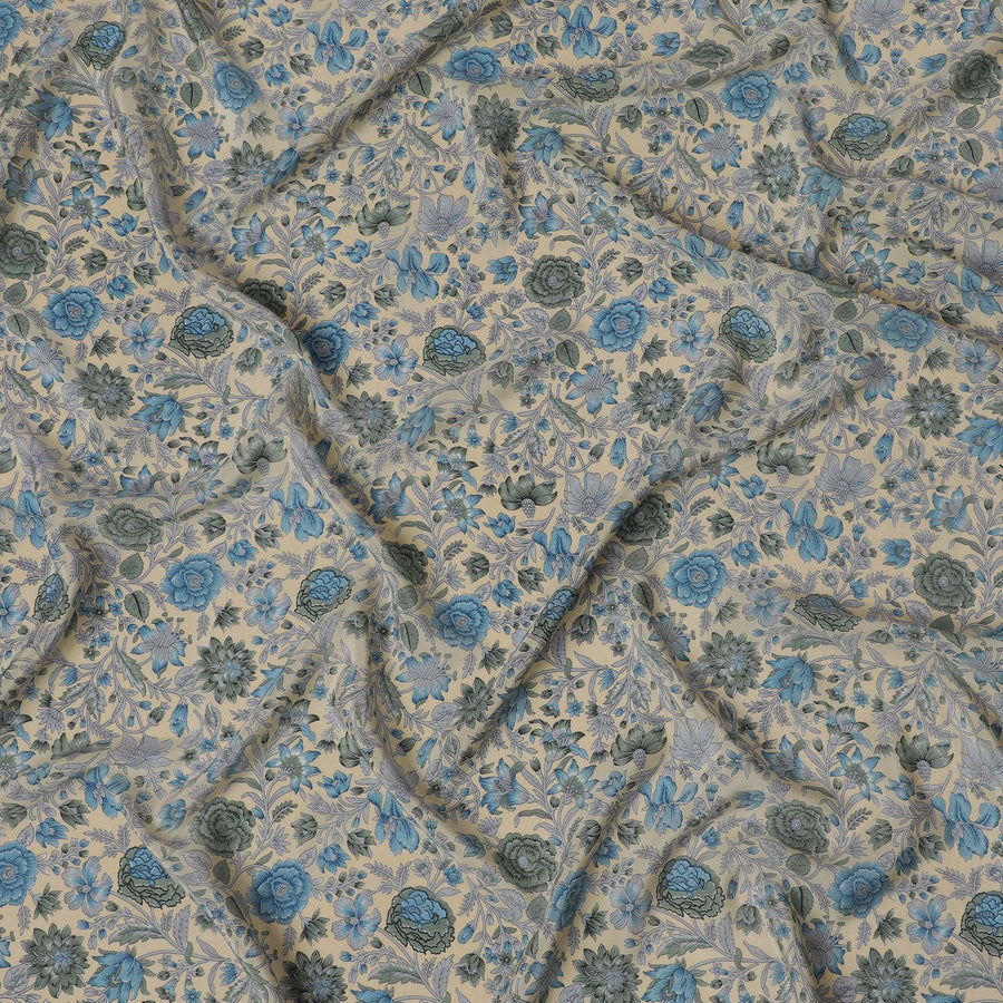 قماش حرير كريب منقوش عليه زهور كلاسيكية باللونين الأزرق والرمادي، عرض 110 سم - أناقة خالدة لإبداعات فاخرة-D18918