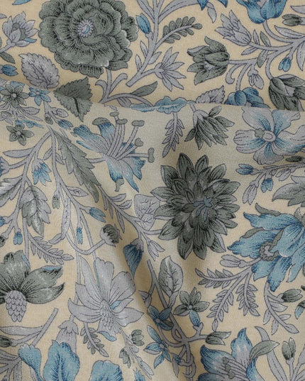 Classic Blue and Grey Floral Tapestry Crepe Silk Fabric, 110cm Width - Timeless Elegance for Luxurious Creations-D18918