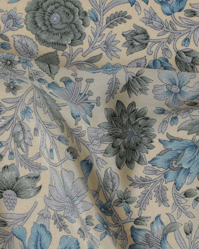 Classic Blue and Grey Floral Tapestry Crepe Silk Fabric, 110cm Width - Timeless Elegance for Luxurious Creations-D18918