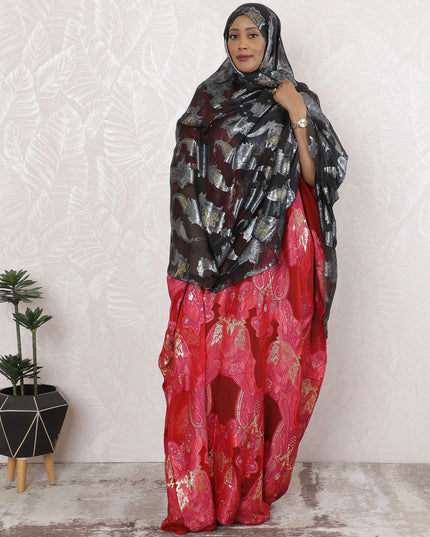 Mystique Graphite Pure Fransawi Silk Chiffon Fabric with Golden Floral Embellishments, 110cm Width - Traditional Garbasaar, Piece of 2.0 Mtrs-D18633