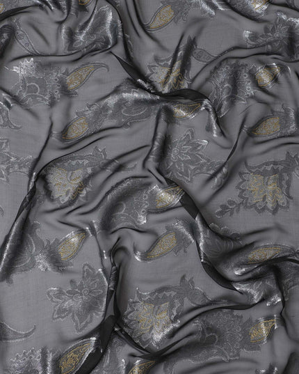 Mystique Graphite Pure Fransawi Silk Chiffon Fabric with Golden Floral Embellishments, 110cm Width - Traditional Garbasaar, Piece of 2.0 Mtrs-D18633