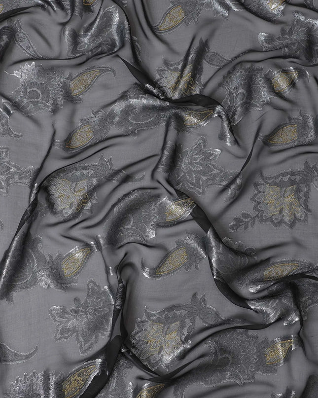 Mystique Graphite Pure Fransawi Silk Chiffon Fabric with Golden Floral Embellishments, 110cm Width - Traditional Garbasaar, Piece of 2.0 Mtrs-D18633 Regal Fabrics
