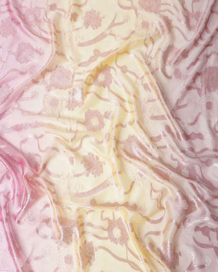 Sunrise Splendor Pure Fransawi Silk Chiffon Fabric with Rose Gold Botanical Accents, 110cm Width - Traditional Garbasaar, Piece of 2.0 Mtrs-D18634 - Regal Fabrics