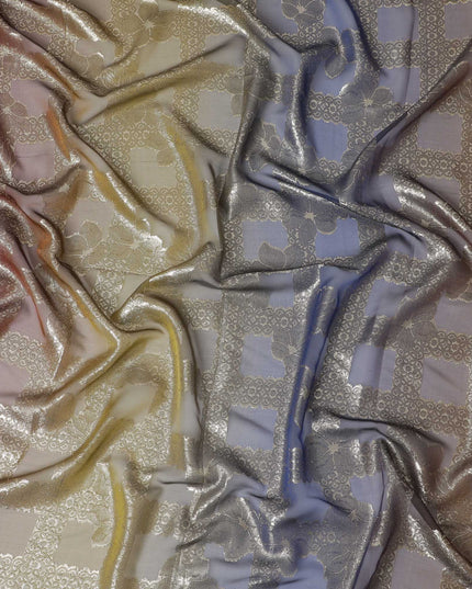 Lavender Dreams Pure Fransawi Silk Chiffon Fabric with Silver and Gold Lace Patterns, 110cm Width - Traditional Garbasaar, Piece of 2.0 Mtrs-D18635