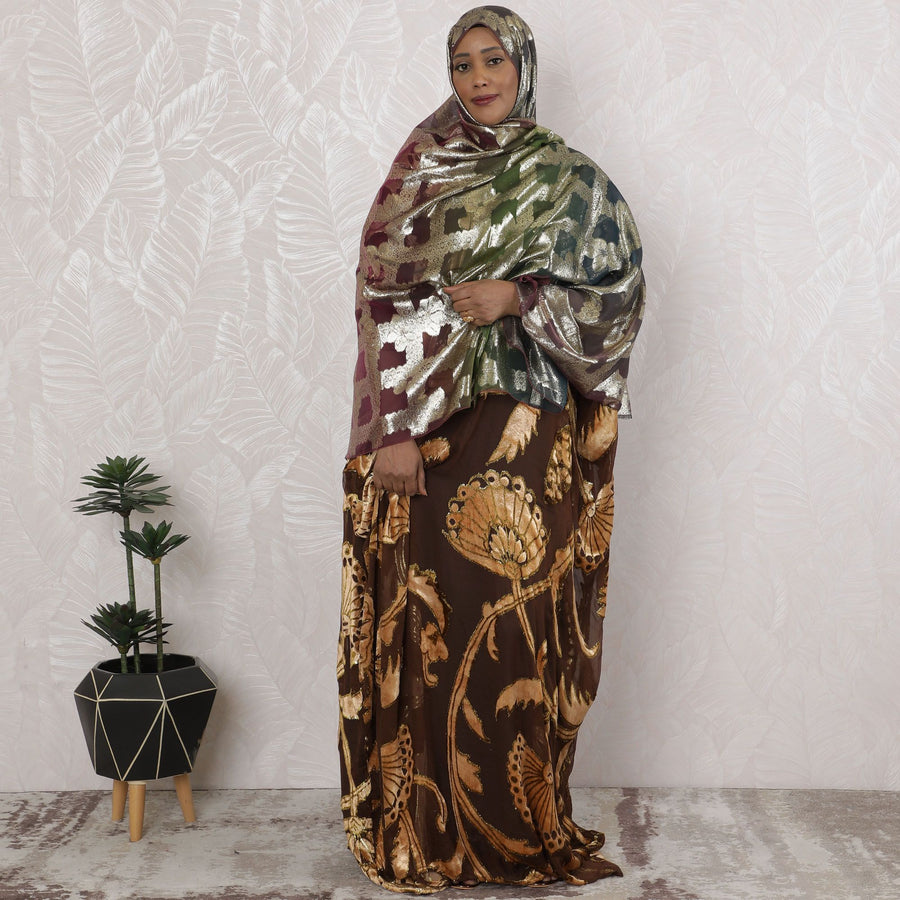 قماش شيفون حرير فرنسي خالص من عصر النهضة مع فروع معدنية، عرض 110 سم - جارباسار تقليدي، قطعة 2.0 متر-D18636