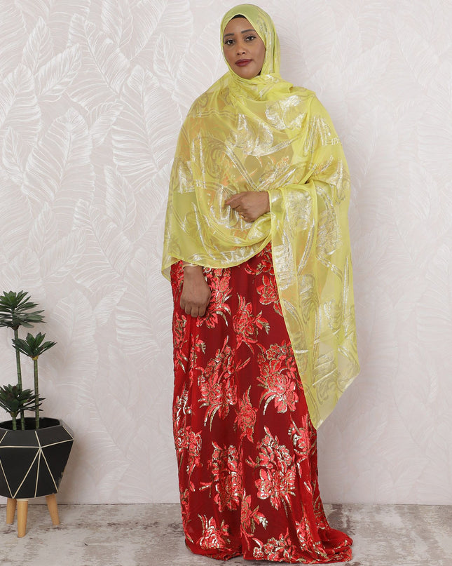 قماش شيفون حرير فرنسي خالص برائحة الليمون مع تطريز فضي، عرض 110 سم - جارباسار تقليدي، قطعة 2.0 متر-D18641