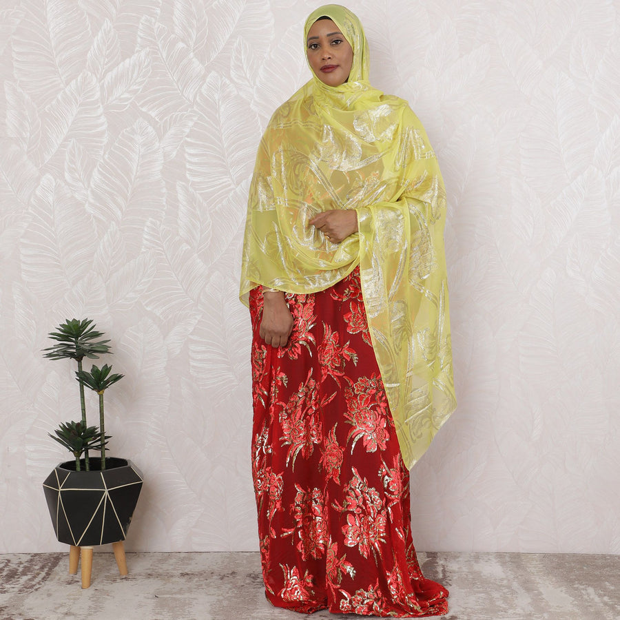 قماش شيفون حرير فرنسي خالص برائحة الليمون مع تطريز فضي، عرض 110 سم - جارباسار تقليدي، قطعة 2.0 متر-D18641