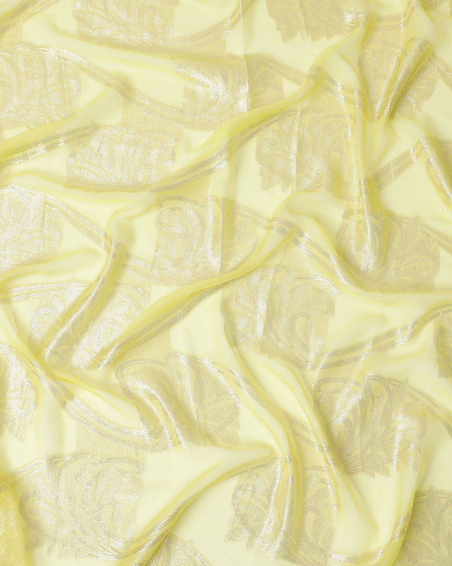 قماش شيفون حرير فرنسي خالص برائحة الليمون مع تطريز فضي، عرض 110 سم - جارباسار تقليدي، قطعة 2.0 متر-D18641