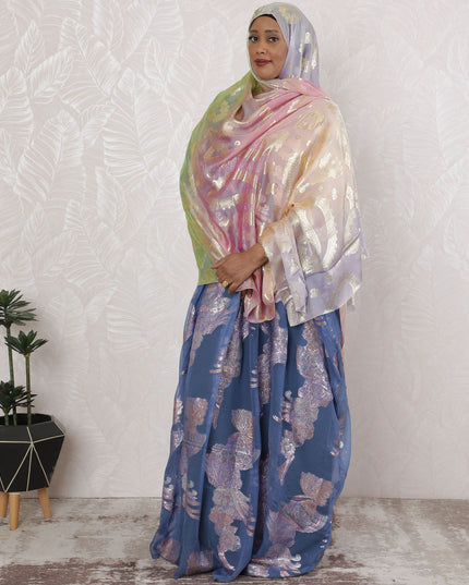 Pastel Serenity Pure Fransawi Silk Chiffon Fabric with Golden Paisley Embroidery, 110cm Width - Traditional Garbasaar, Piece of 2.0 Mtrs-D18643