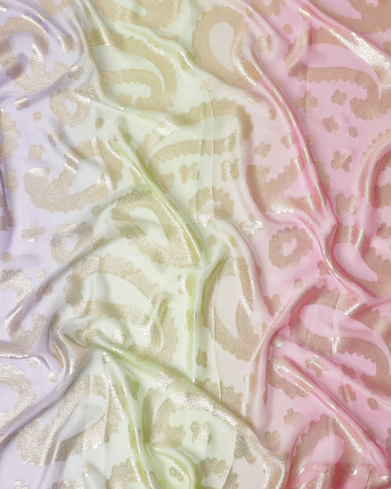 Pastel Serenity Pure Fransawi Silk Chiffon Fabric with Golden Paisley Embroidery, 110cm Width - Traditional Garbasaar, Piece of 2.0 Mtrs-D18643