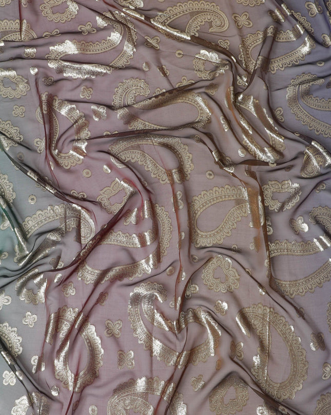 Vintage Mauve Pure Fransawi Silk Chiffon Fabric with Bronze Paisley Elegance, 110cm Width - Traditional Garbasaar, Piece of 2.0 Mtrs-D18644