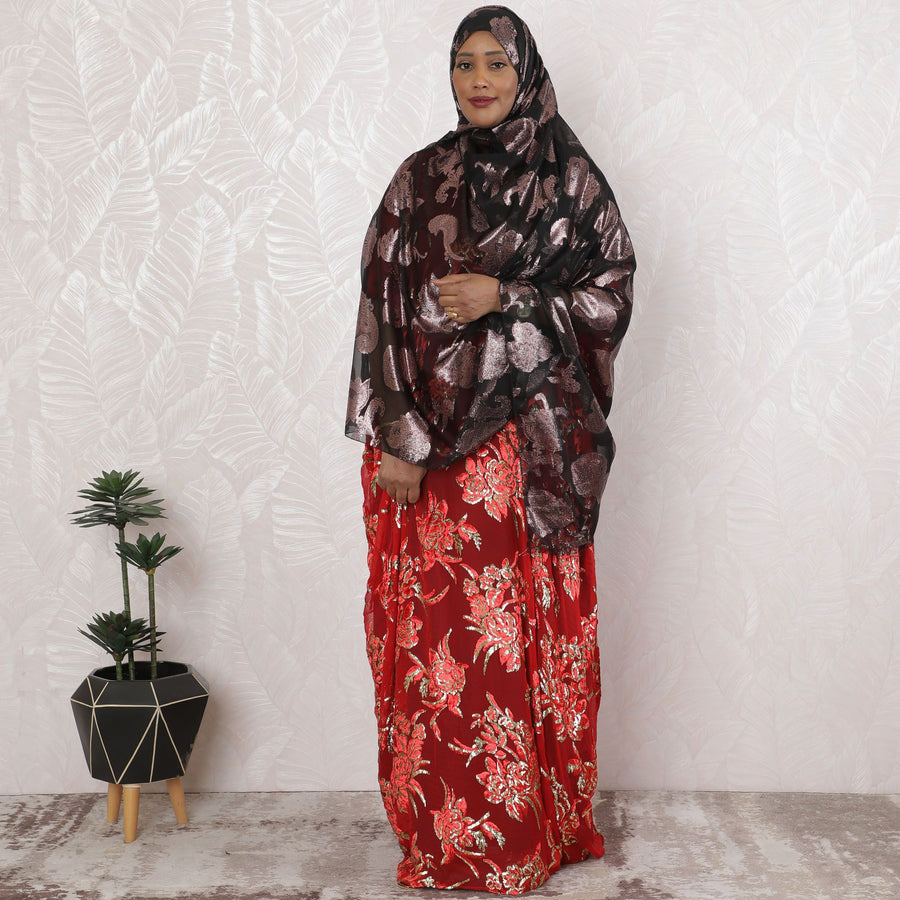 Charcoal Elegance Pure Fransawi Silk Chiffon Fabric with Rose Copper Florals, 110cm Width - Traditional Garbasaar, Piece of 2.0 Mtrs-D18646