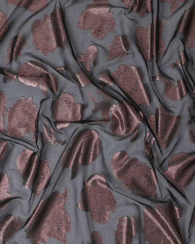 أناقة الفحم، قماش شيفون حرير فرنسي خالص مع زهور نحاسية وردية، عرض 110 سم - جارباسار تقليدي، قطعة 2.0 متر-D18646