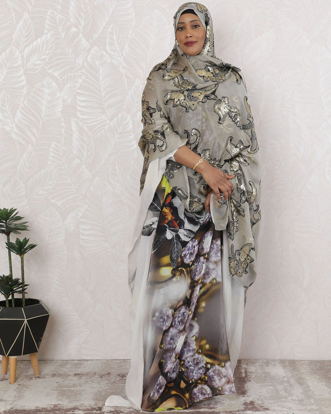 Ivory Opulence Pure Fransawi Silk Chiffon Fabric with Intricate Black Paisley Embroidery, 110cm Width - Traditional Garbasaar, Piece of 2.0 Mtrs-D18647