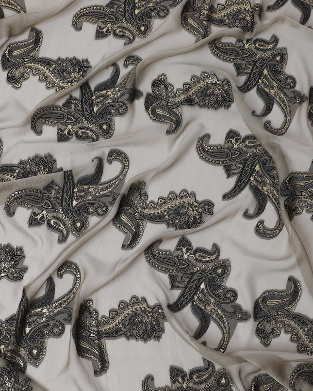 Ivory Opulence Pure Fransawi Silk Chiffon Fabric with Intricate Black Paisley Embroidery, 110cm Width - Traditional Garbasaar, Piece of 2.0 Mtrs-D18647