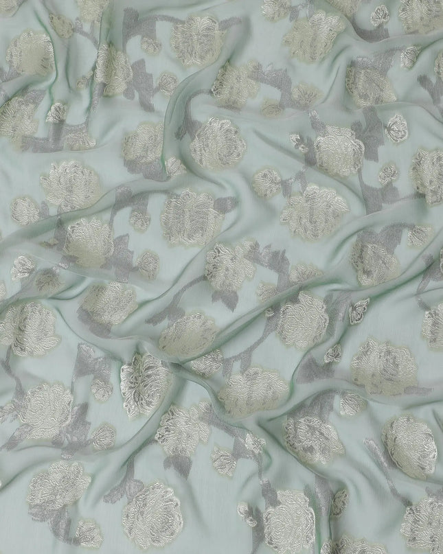 Mint Breeze Pure Fransawi Silk Chiffon Fabric with Silver Blossom Embroidery, 110cm Width - Traditional Garbasaar, Piece of 2.0 Mtrs-D18648 Regal Fabrics