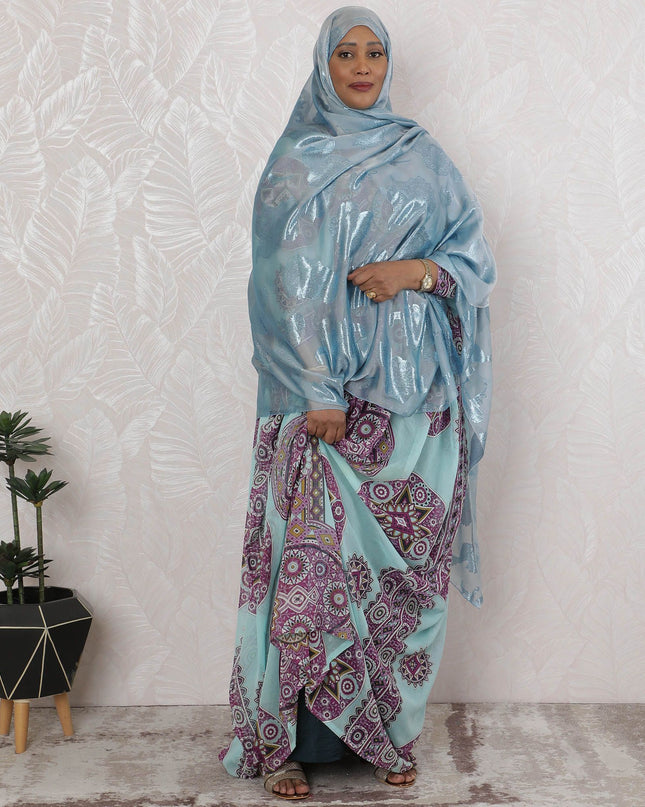 Arctic Glow Pure Fransawi Silk Chiffon Fabric with Lustrous Silver Leaves, 110cm Width - Traditional Garbasaar, Piece of 2.0 Mtrs-D18649