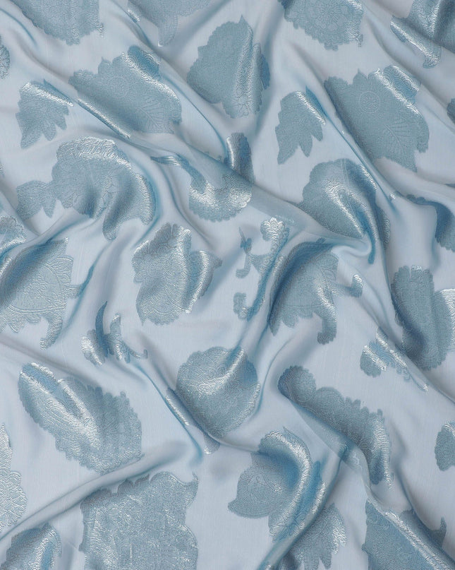 Arctic Glow Pure Fransawi Silk Chiffon Fabric with Lustrous Silver Leaves, 110cm Width - Traditional Garbasaar, Piece of 2.0 Mtrs-D18649