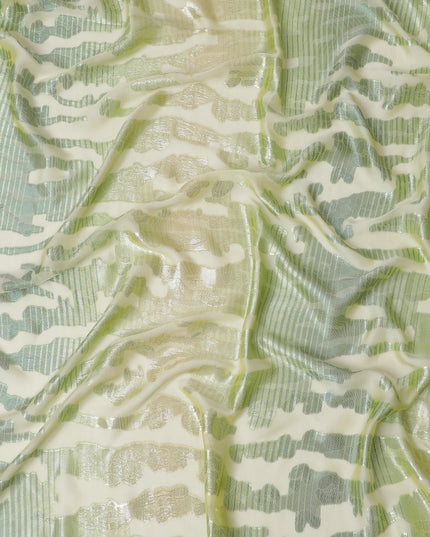 Spring Whisper Pure Fransawi Silk Chiffon Fabric with Gilded Geometric Lines, 110cm Width - Traditional Garbasaar, Piece of 2.0 Mtrs-D18650 - Regal Fabrics