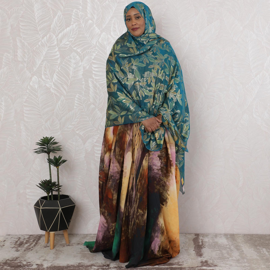 قماش شيفون حرير خالص من Azure Oasis مع زخارف أوراق مذهبة، عرض 110 سم - جارباسار تقليدي، قطعة 2.0 متر-D18651