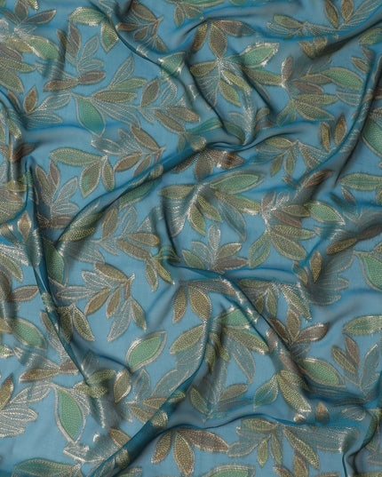 Azure Oasis Pure Silk Chiffon Fabric with Gilded Leaf Motifs, 110cm Width - Traditional Garbasaar, Piece of 2.0 Mtrs-D18651