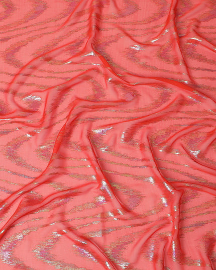 Vibrant Coral Tiger Stripe Silk Chiffon Garbasaar Fabric, 110 cm Wide – Exotic & Lustrous Textile for Fashion Crafting-Piece of 2.0 Mtrs-D18654 - Regal Fabrics