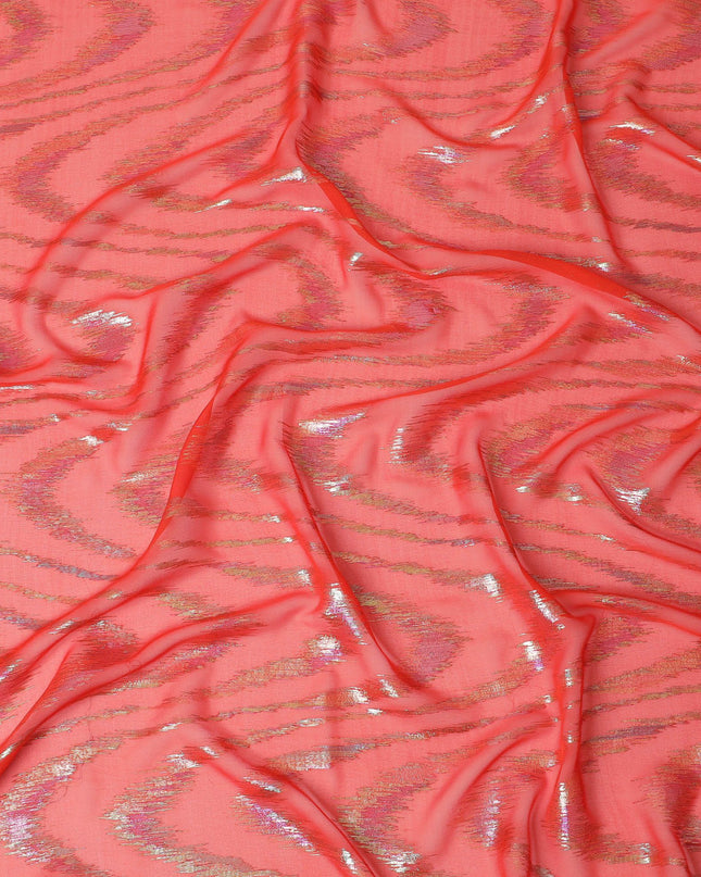 Vibrant Coral Tiger Stripe Silk Chiffon Garbasaar Fabric, 110 cm Wide – Exotic & Lustrous Textile for Fashion Crafting-Piece of 2.0 Mtrs-D18654