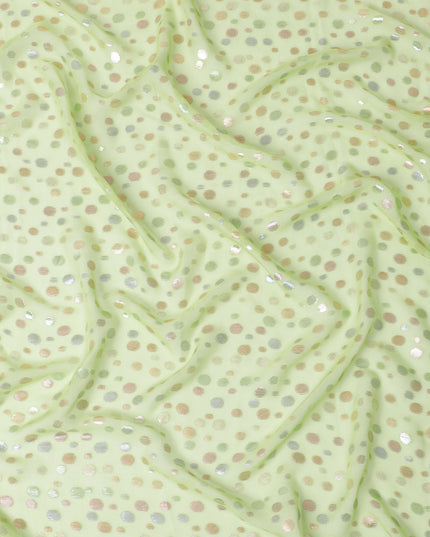 Soft Pistachio Green Polka Dot Silk Chiffon Garbasaar Fabric with Sequins, 110 cm Width – Chic and Shimmering Textile-Piece of 2.0 Mtrs-D18655