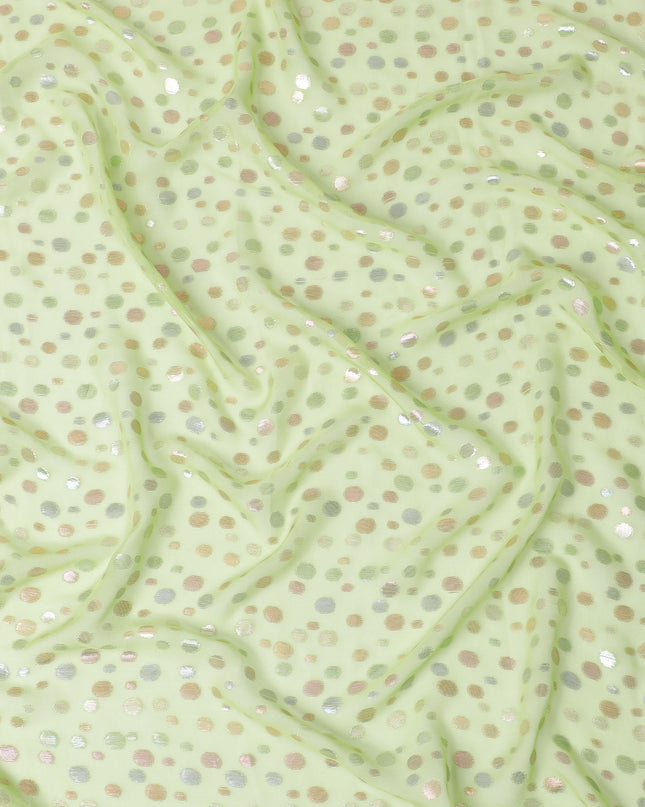 Soft Pistachio Green Polka Dot Silk Chiffon Garbasaar Fabric with Sequins, 110 cm Width – Chic and Shimmering Textile-Piece of 2.0 Mtrs-D18655