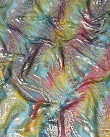 Iridescent Wave Patterned Silk Chiffon Garbasaar Fabric, 110 cm Wide – Multicolor Artistic Textile for Fashion Design- Piece of 2.0 Mtrs-D18658