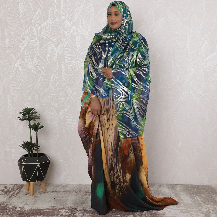 Oceanic Teal Swirl Silk Chiffon Garbasaar Fabric with Metallic Highlights, 110 cm Wide – Mesmerizing Textile for Fashion- Piece of 2.0 Mtrs-D18659 - Regal Fabrics