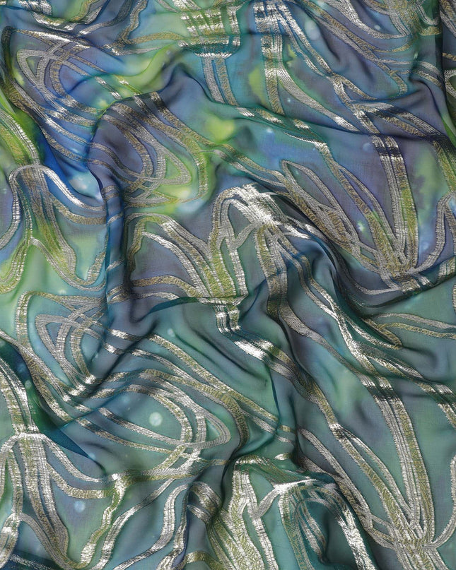 Oceanic Teal Swirl Silk Chiffon Garbasaar Fabric with Metallic Highlights, 110 cm Wide – Mesmerizing Textile for Fashion- Piece of 2.0 Mtrs-D18659