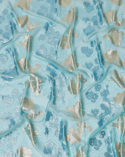 Azure Blossom Embroidered Fransawi Silk Chiffon Garbasaar Fabric, 110 cm Width – French Elegance in Textile Art-Piece of 2.0 Mtrs-D18661