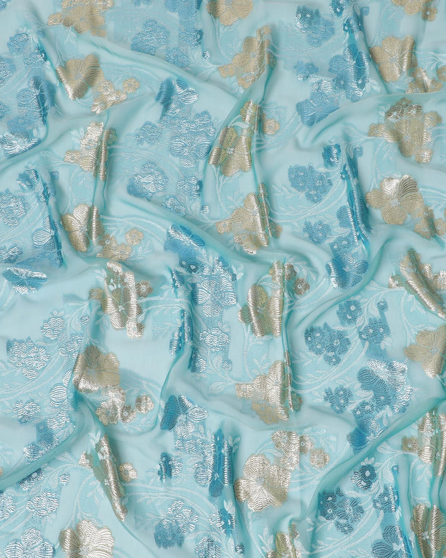 Azure Blossom Embroidered Fransawi Silk Chiffon Garbasaar Fabric, 110 cm Width – French Elegance in Textile Art-Piece of 2.0 Mtrs-D18661