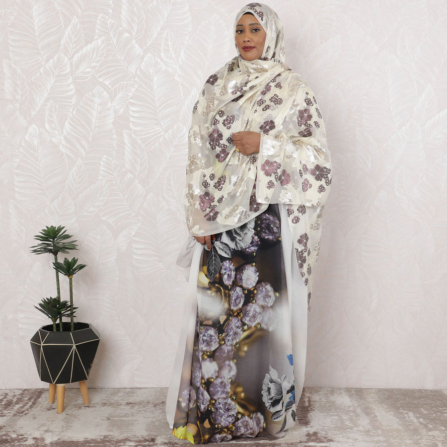 قماش جارباسار حريري شيفون فرنسي مزخرف بنقشة الأزهار باللون العاجي، عرض 110 سم - تحفة فنية من النسيج الفرنسي - قطعة بطول 2 متر - D18662