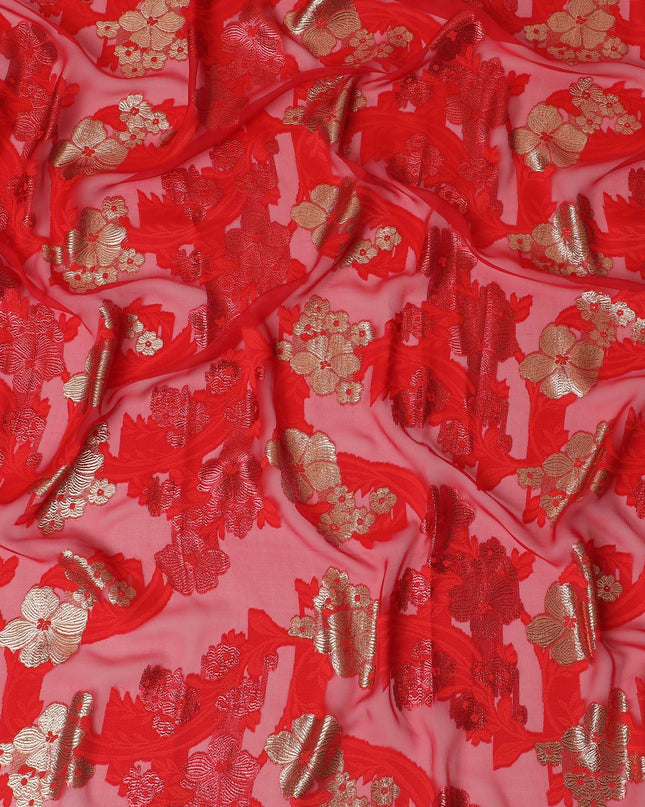 Vibrant Cerise Floral Silk Chiffon Garbasaar Fabric, 110 cm Wide – French Opulence in Textile Craft- Piece of 2.0 Mtrs-D18663