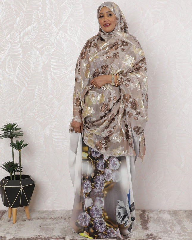 Blush Gold Leaf Embroidery Silk Chiffon Garbasaar Fabric, 110 cm Wide – French Couture Elegance- Piece of 2.0 Mtrs-D18664