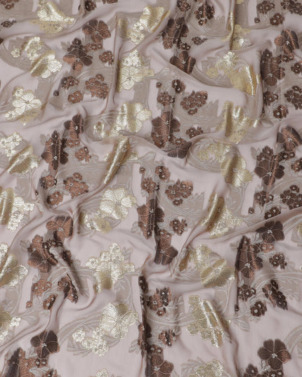 Blush Gold Leaf Embroidery Silk Chiffon Garbasaar Fabric, 110 cm Wide – French Couture Elegance- Piece of 2.0 Mtrs-D18664